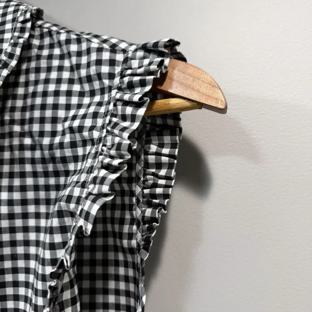 KATE SPADE Size 8 Mini Gingham Ruffle Sleeveless Button Down Shirt Black White